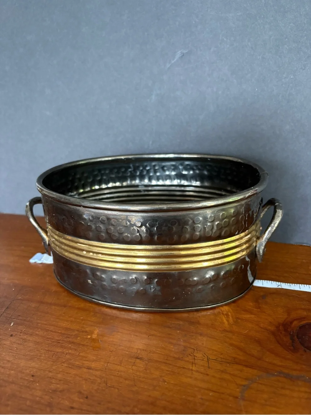 Hammered Oval Solid Brass Metal Planter with Gold Banding- Made in India
